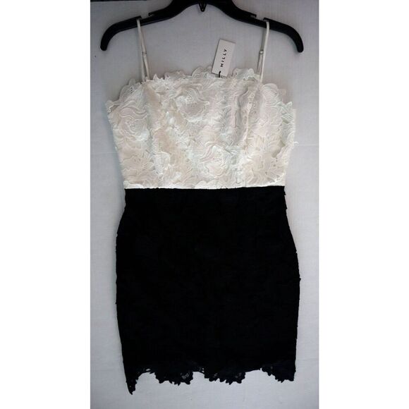 Milly Women's Sz 6 White/Black 3D Floral Lace Spaghetti-Strap Sheath Dress - Picture 1 of 13
